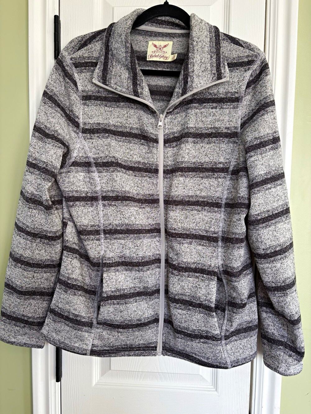Faded Glory Women's Gray Striped Fleece Full Zip Jacket w/ Pockets, Size XL